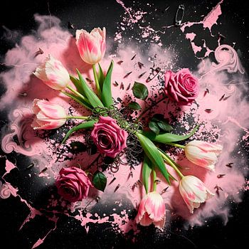 Harmonie von Rosen und Tulpen auf rosa Hintergrund