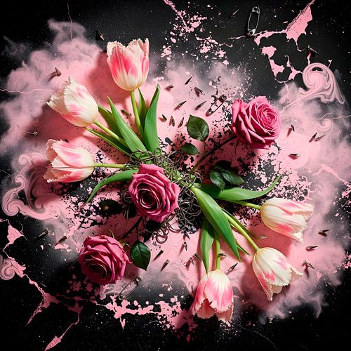 Harmonie van rozen en tulpen op roze achtergrond