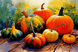 Farbenfrohe Kürbisse im modernen Herbststil. von STUDIO ARTSY