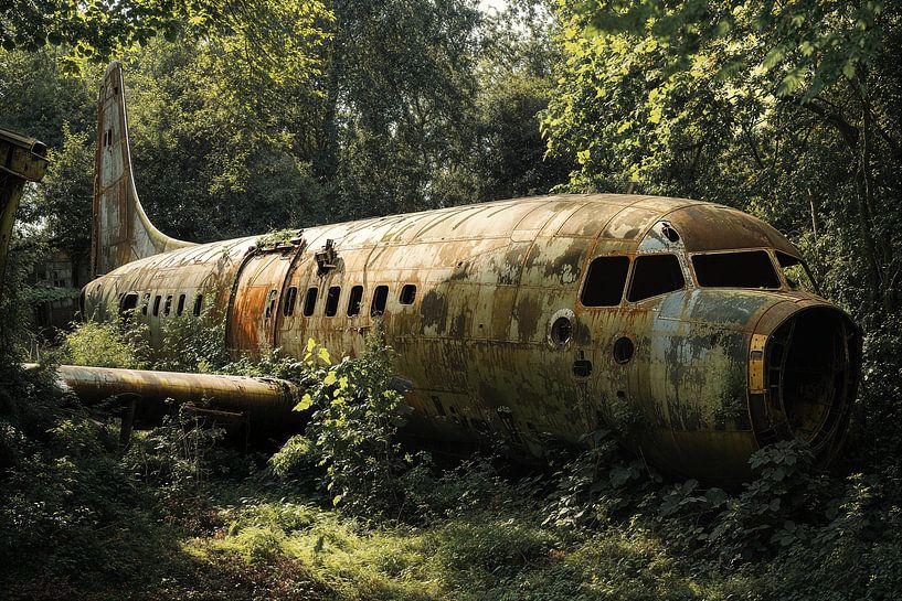 Old plane hidden among the trees by Digitale Schilderijen