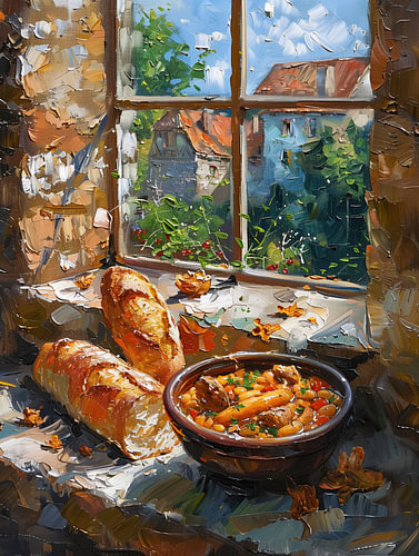 Cassoulet and baguette at the village window