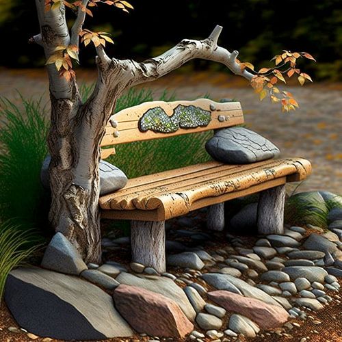 houten bank stenen natuur surrealistisch boom herfst kunst rust