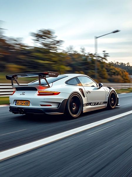 Porsche 911 GT3 RS wit racen op de weg van MIROKKU