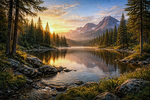 Réveil doré au bord d'un lac de montagne