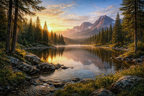 Gouden ontwaken bij het bergmeer van Max Steinwald