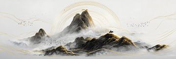 Gold mountains as abstract Chinese digital art by Digitale Schilderijen