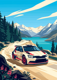 Rally car driving mountain dirt road beside turquoise alpine lake by Adam Khabibi
