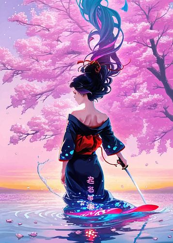 Geisha in een vijver met kersenbloesem