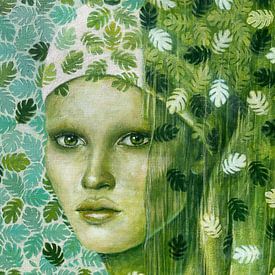 Portrait de femme dans des feuilles vertes turquoises sur Dominique Clercx-Breed