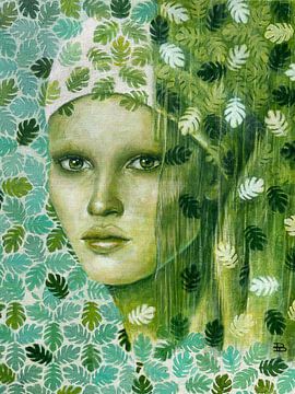 Portret vrouw in groen turquoise blaadjes van Dominique Clercx-Breed
