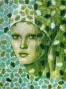 Porträt Frau in grün-türkisen Blättern von Dominique Clercx-Breed Miniaturansicht