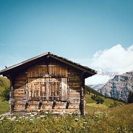 Houten hut in de bergen, Zwitserland | Verlaten huis in de Zwitserse Alpen | Groene en blauwe reisfo van Ilse Stronks | Lines and light inspired travel photography