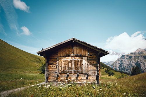 Houten hut in de bergen, Zwitserland | Verlaten huis in de Zwitserse Alpen | Groene en blauwe reisfo