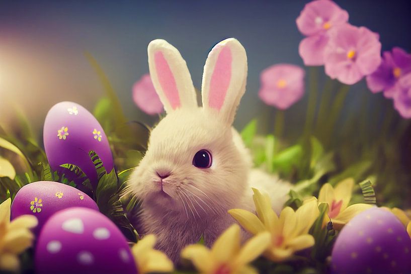 Süßer weißer Osterhase mit Ostereiern Illustration 01 von Animaflora PicsStock