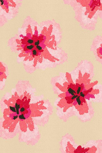 Romantic floral in  pink and red with warm yellow background by Dina Dankers
