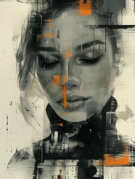 Modernes und abstraktes Porträt in Schwarz und Orange von Carla Van Iersel