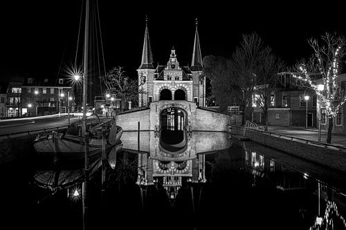 Black and white photo of the Waterpoort in Sneek