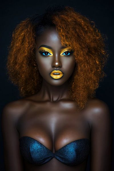 Schwarze Frau mit goldenem Make-up und blauer Dessous von Frank Heinz