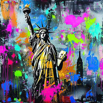 Graffite van het vrijheidsbeeld en Empire State building in New York City van Thea