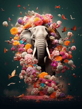 Colourful animal portrait | elephant | green and pink by Eva Lee