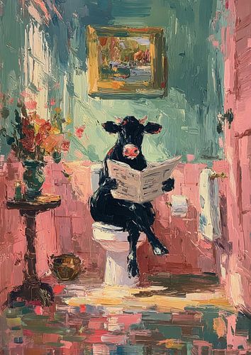 Cow reads newspaper in cottage bathroom