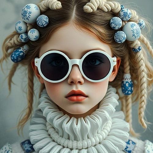 Een fine art portret van een jong meisje dutch delft blauw moderne stijl.