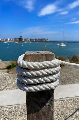 Weißes Tau um einen Holzpfosten am Hafen