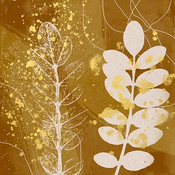 Vintage botanical leaves in dark ocher and gold by Dina Dankers