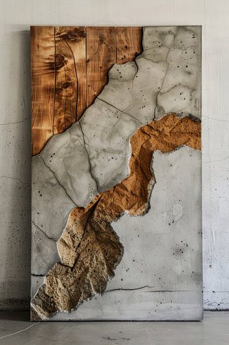 Kunstwerk van hout en beton staat op de grond