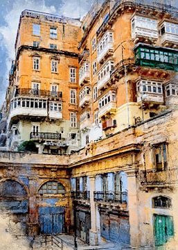 Malta Valetta stad aquarel schilderij #malta van JBJart Justyna Jaszke