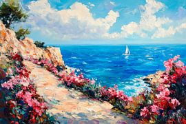 Vue sur la côte avec un voilier sur Poster Art Shop