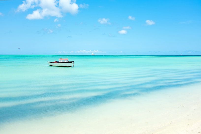 Kleine vissersboot in the Caribbean zee bij Aruba van Eye on You