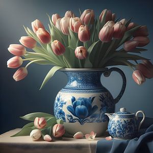 Nature morte ; vase bleu delft avec tulipes