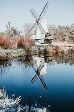 Mühle in Winterlandschaft mit Spiegelung im See - Freilichtmuseum Arnheim, Niederlande von Trix Leeflang