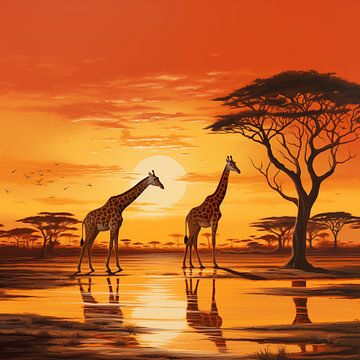 Girafes dans la savane au coucher du soleil sur TheXclusive Art