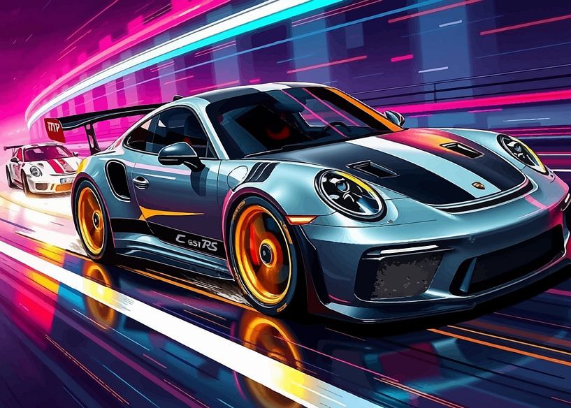 Der Porsche 911 GT3 RS mit dunkelgrauen und schwarzen Streifen auf der Rennstrecke 3 von MIROKKU
