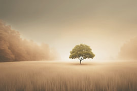 Solitärer Baum im Nebelfeld – Minimalistische Natur-Illustration in Sepia & Grün