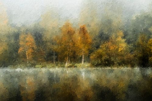 Trees by a lake (autumn, painting)