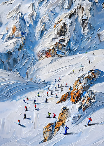 Verschneite Felsen & Skifahrer – Texturierte Berglandschaft