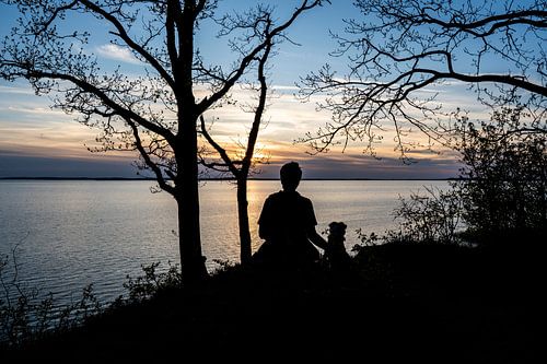 Une femme et son chien admirent le coucher de soleil au bord du lac sur Holger W. Spieker