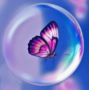 Roze vlinder in zwevende zeepbel van Maud De Vries