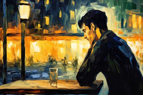 Peinzende man in een café