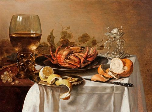 Een stilleven met een roemer, een krab en een gepelde citroen, Pieter Claesz.
