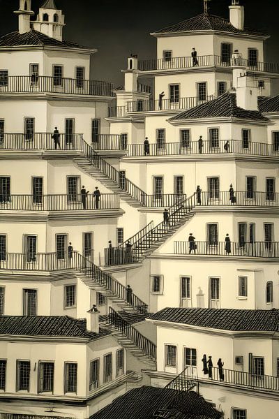 graphic depiction of houses and stairs by Egon Zitter