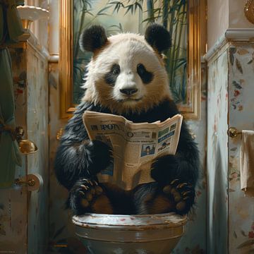 Relaxed panda reads newspaper on toilet by Felix Brönnimann