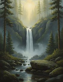 Hidden Waterfall in Misty Forest by Regan Frederick
