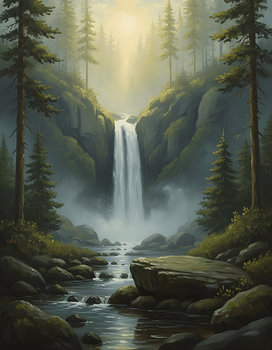 Verborgen waterval in een mistig bos