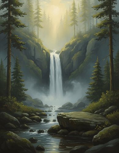 Hidden Waterfall in Misty Forest