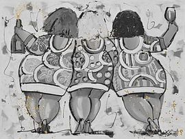 Dicke Damen Wein | Gold Schwarz/Weiß von Vrolijk Schilderij