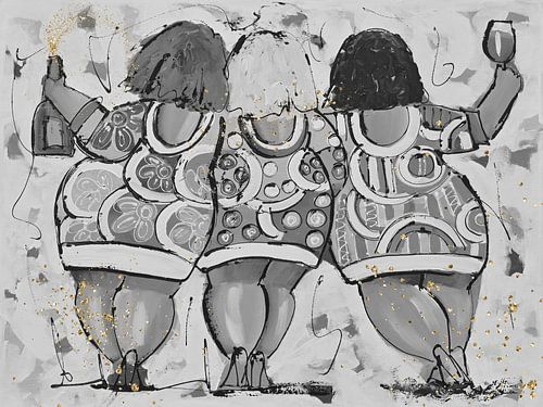 Curvy Ladies Wine | Gold Black/White by Vrolijk Schilderij